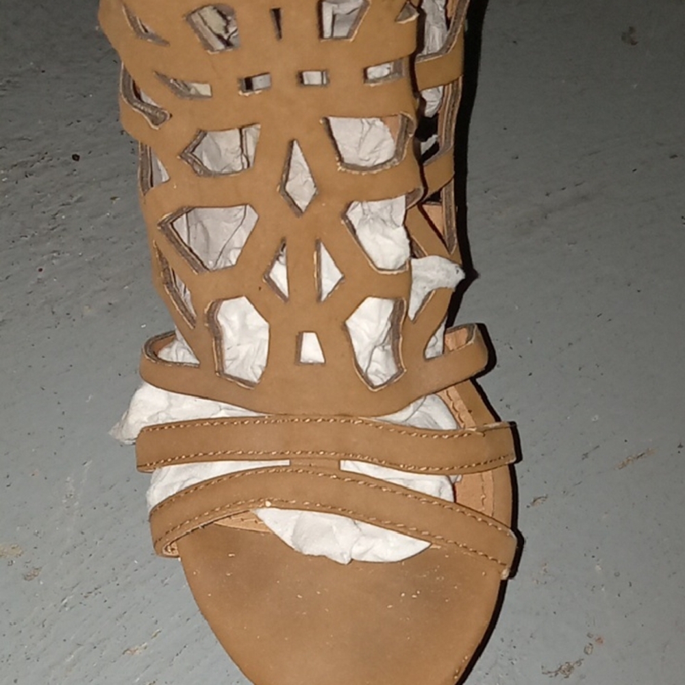 Tan Cut-Out Platform Wedge Sandals with Cork Heel Bohemian Beachy Casual Wedge - Picture 7 of 16